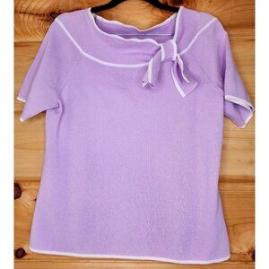 Designer Originals Purple White Trim Short Sleeve Knit Top Sweater Bow Large